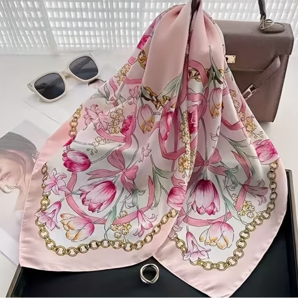 Pink Tulips & Floral with Chain Print Silky Scarf